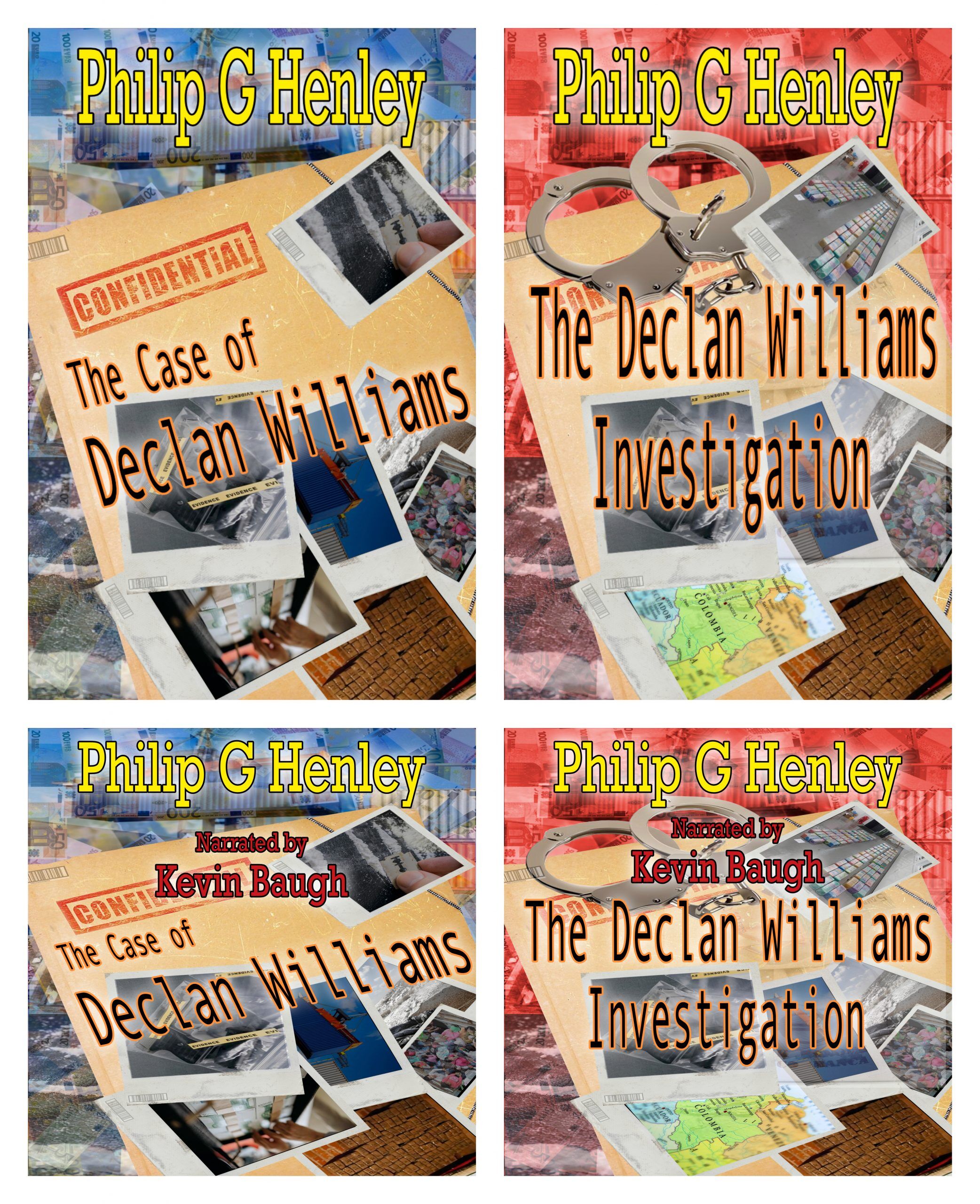 Book cover collage:'Philip G Henley' title with'The Case of Declan Williams' on a file folder and photos background (left).
